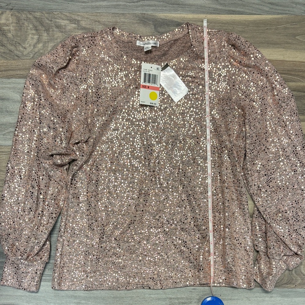 JohnPaulRichard shimmering holiday top in light pink and rose gold. SO soft!